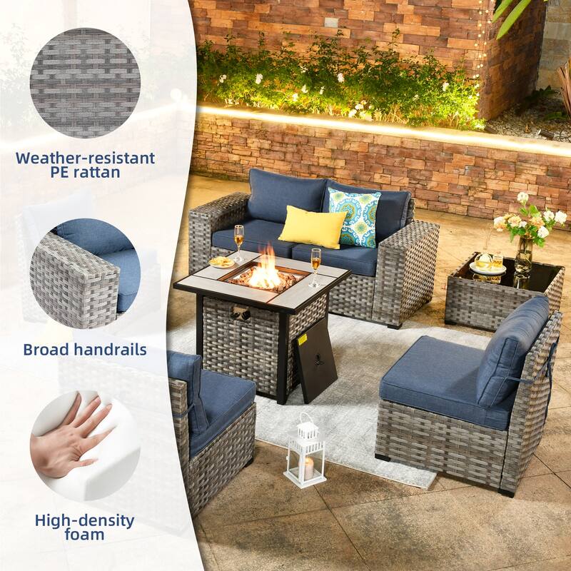 OVIOS Patio Wicker Furniture Wide Arm 7-piece Fire Pit Set with Table