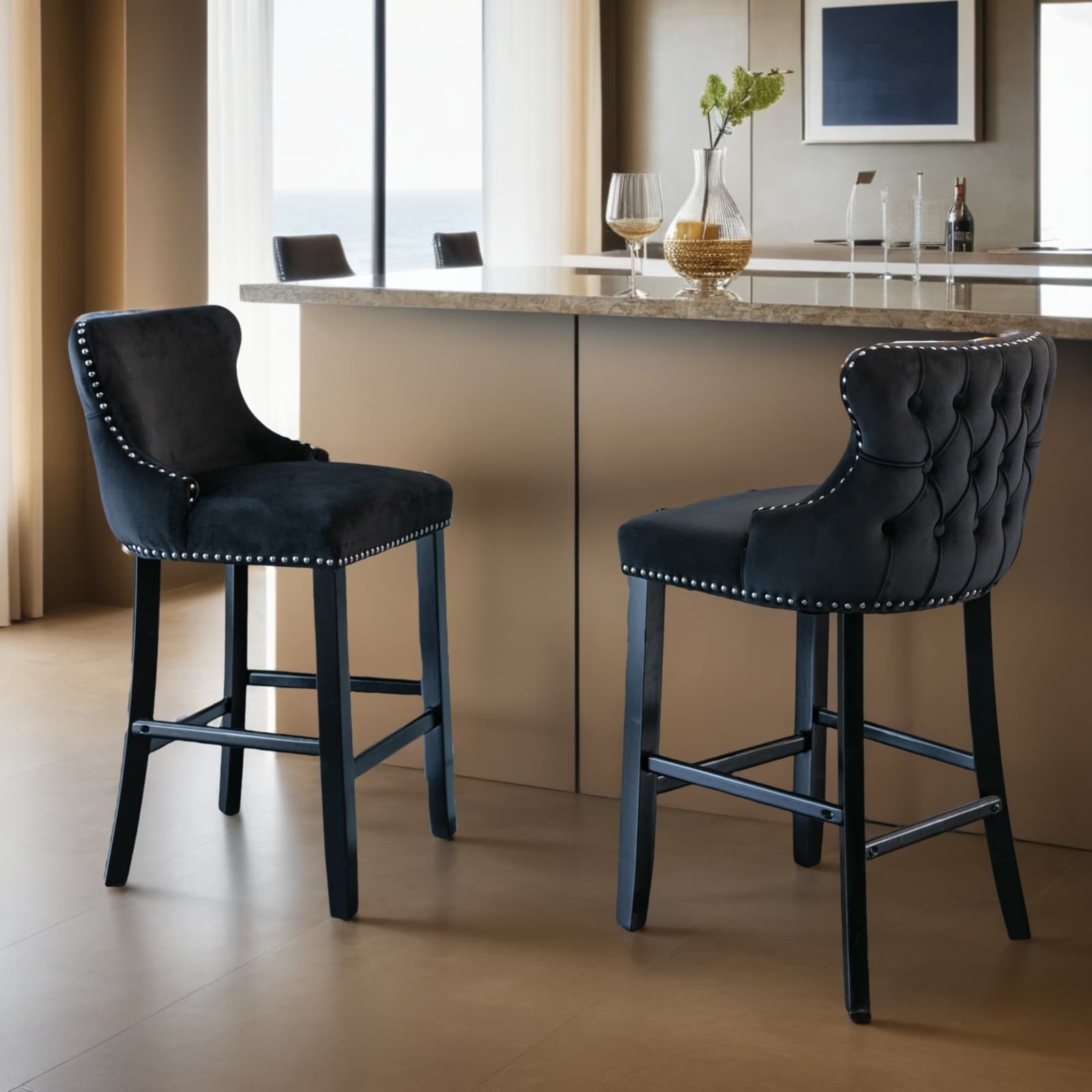 Velvet Upholstered Wing-Back Barstools with Button Tufted Decoration and Wooden Legs, Bar stools, Set of 2 (Gray)