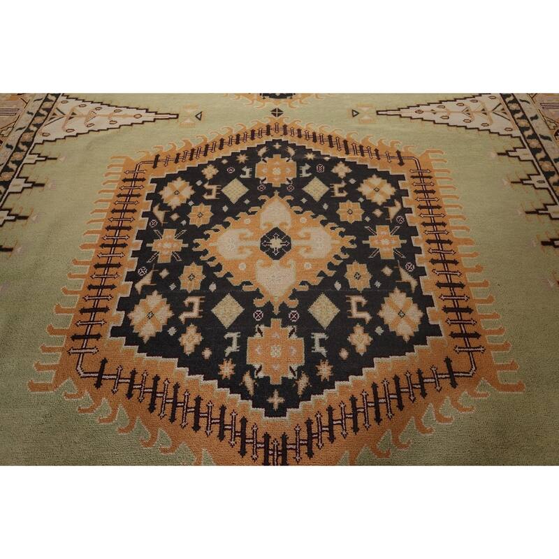 Light Green Geometric Viss Large Indian Rug Hand-Knotted Wool Carpet - 11'10"x 17'11"