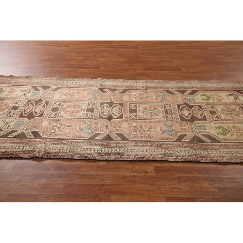 Animals Tribal Ardebil Persian Vintage Runner Rug Handmade Wool Carpet - 4'0"x 10'2"