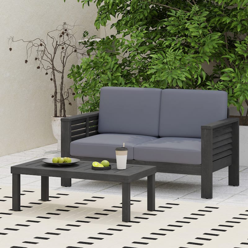 2 Piece Acacia Wood Outdoor Loveseat Set with Coffee Table and Cushions