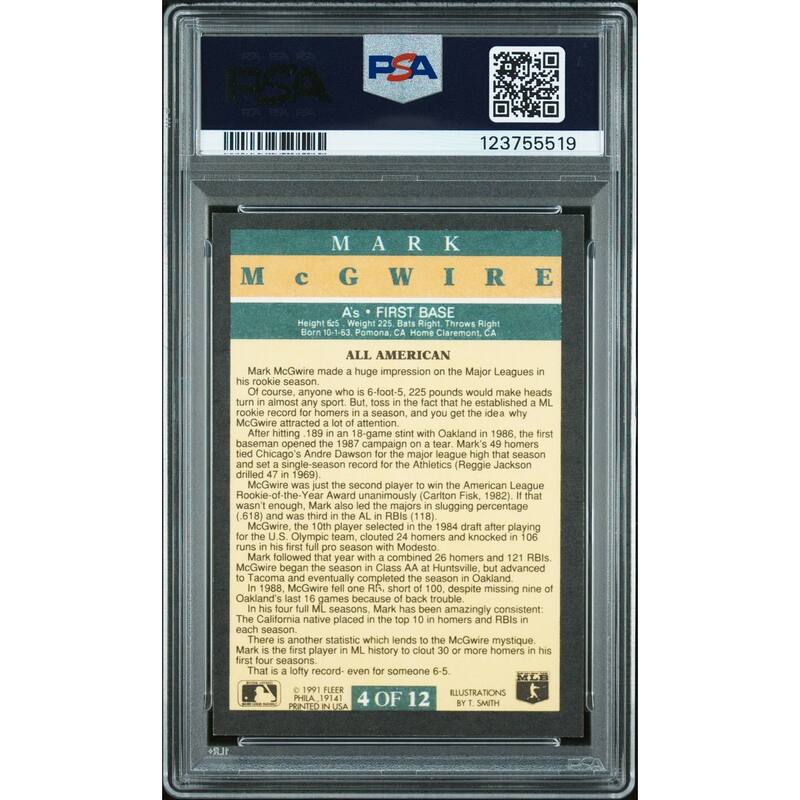 Mark McGwire 1991 Fleer Pro-Visions Signed Baseball Card #4 Graded PSA 7 Auto 10 Cert # 123755519 - 8' x 11'