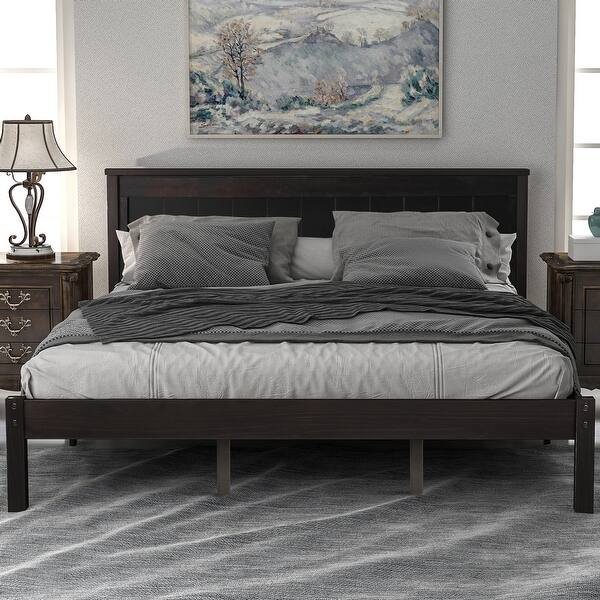 slide 2 of 8, Classic Platform Bed Frame Wood Queen Bed with Headboard, Solid Wood Queen Size Platform Bed Frame, No Box Spring Needed Espresso - Queen