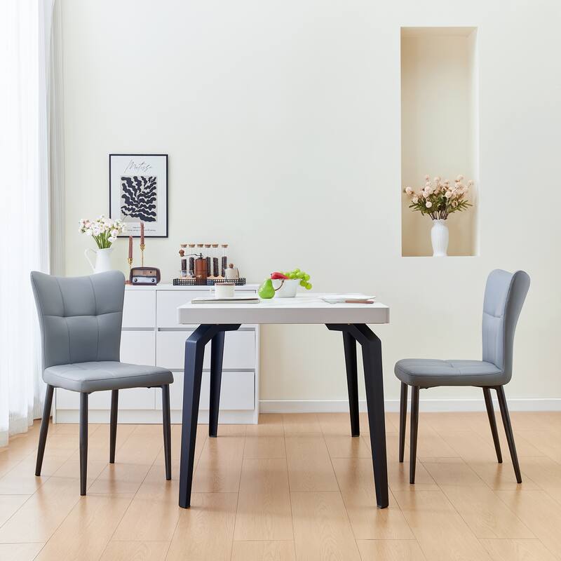 Set of 2 Side Chair Vanity Chair Office Chair Light Gray Leather Upholstered Dining Chair with Iron Legs - Black Light Gray