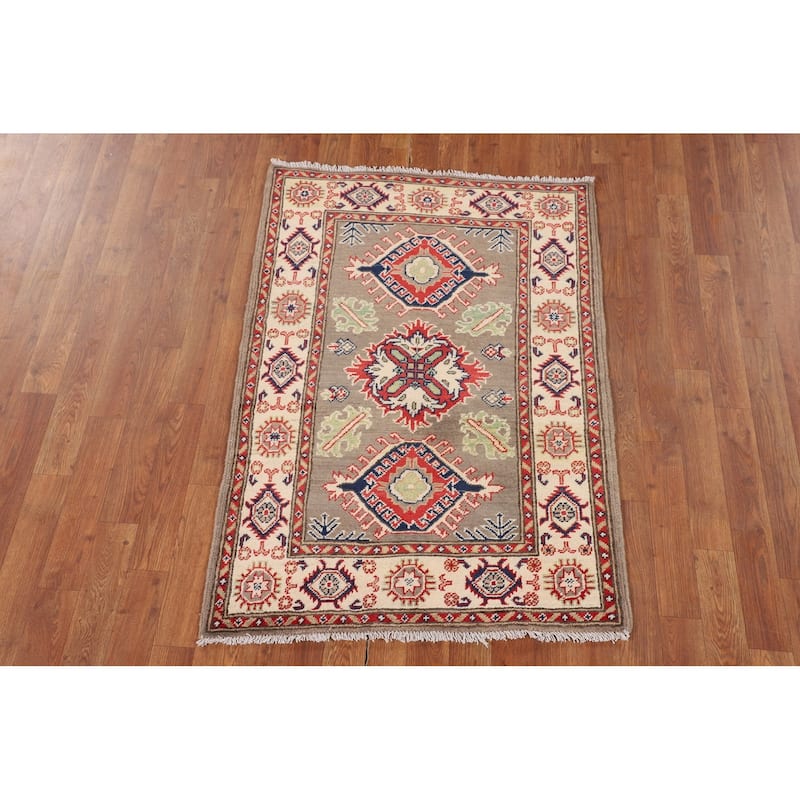Brown Geometric Kazak Oriental Accent Rug Handmade Wool Carpet - 2'10" x 4'0"