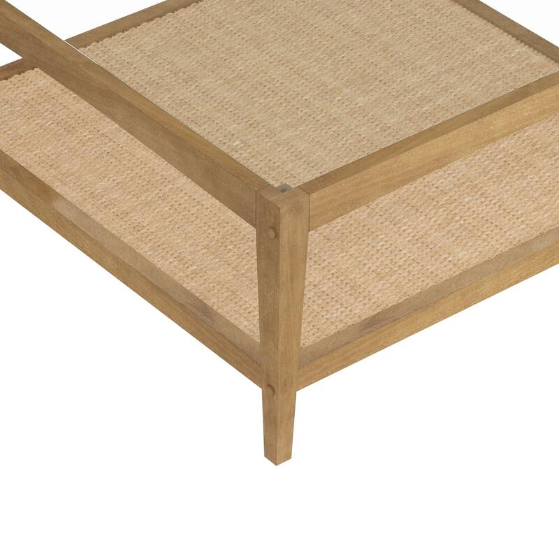 Hayes Glass Top Coffee Table with Solid Wood Frame and Rattan Bottom Shelf