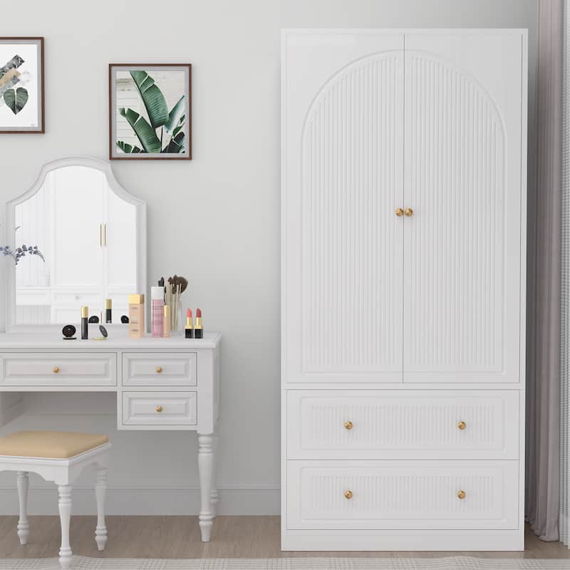 Gymojoy 71" Wardrobe Closet with 2 Doors & 2 Drawers, Modern White Wooden Armoire with Hanging Rod & Gold Handles