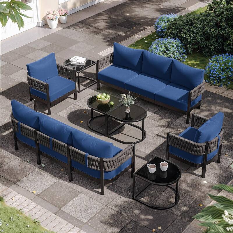 Kullavik Aluminlum Frame Woven Rope Patio Sofa with Glass Table and Cushions - 8-piece