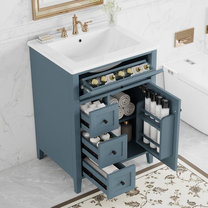 24" Gray Blue Bathroom Vanity with Sink, MDF & Rubberwood Construction, 3 Drawers & Cabinet with Adjustable Shelves - Blue Gray