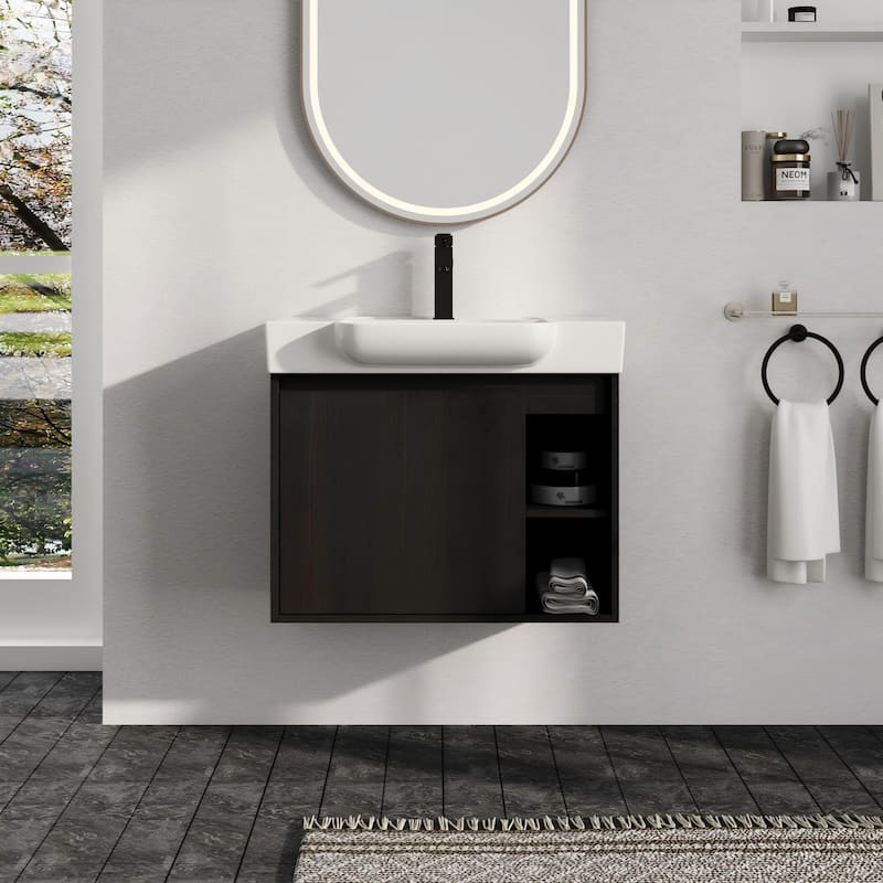Malwee 24"/28" Floating Bathroom Vanity,Wall Mounted Bathroom Vanity with Ceramic Sink and Soft Close Door