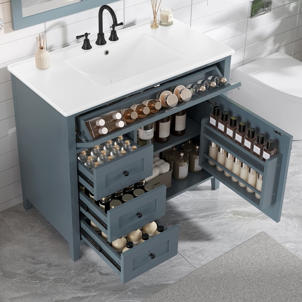 36-Inch Bathroom Vanity with Sink, Modern MDF and Rubberwood Cabinet with 3 Drawers and Adjustable Shelf, Freestanding Vanity