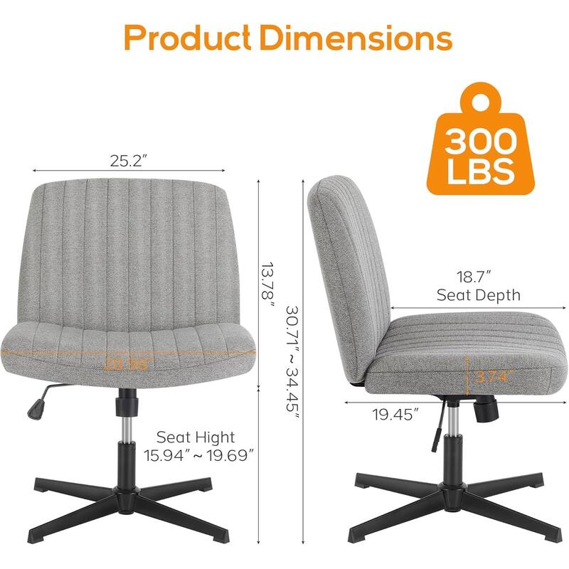 Home Office Desk Chair Criss Cross Legged Office, Wide Comfty Desk, Wheels Armless Computer Task, Swivel Vanity Home Chair