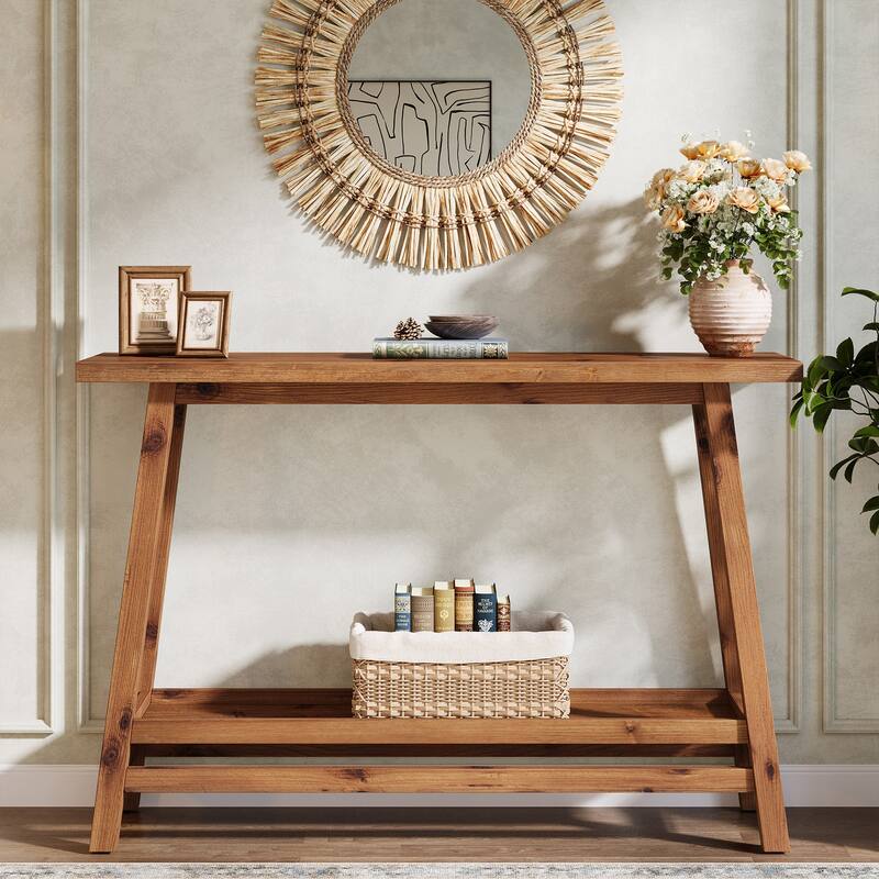 Solid Wood Entryway Table, Console Table with Storage Shelves, Behind Couch Sofa Table Hallway Foyer Accent Side Table