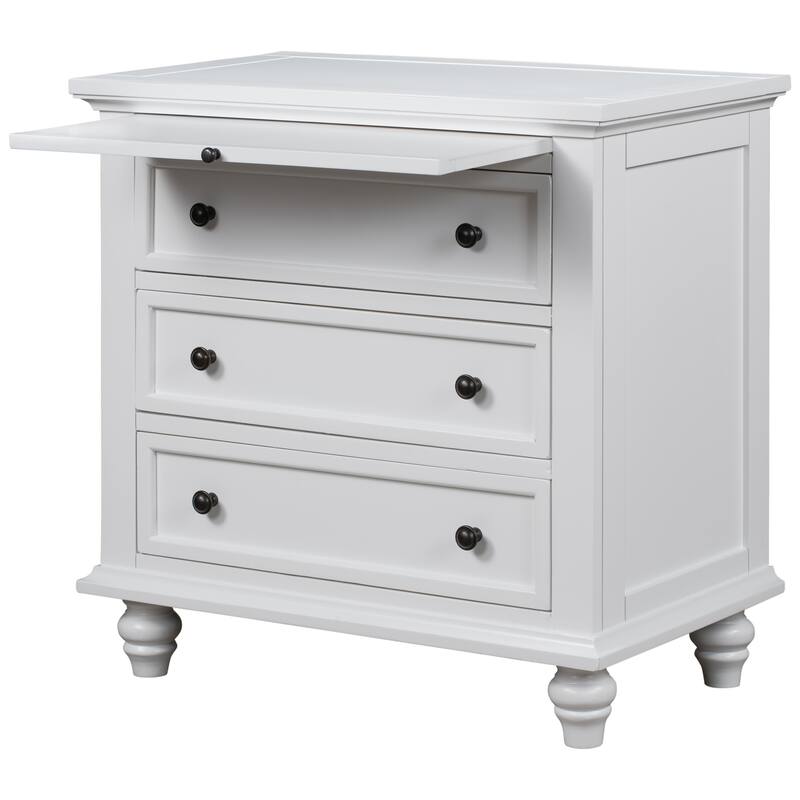 Solid Pine Wood End Table with Pull-out Tray and 3 Drawer, Easy Assembly