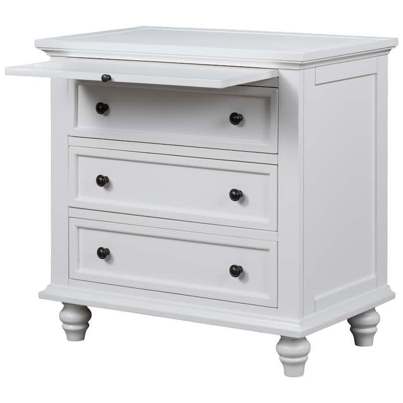 Farmhouse 3-Drawers Wood Nightstands with Pull Out Tray and Solid Wood Legs