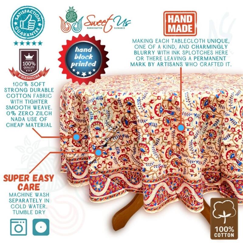 Block Print Tablecloth Round, Floral Paisley Elephants, Gold - Paisley Elephant, Blue Gold Red