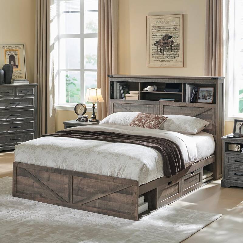 Farmhouse Queen Size Wood Bed Frame with Storage Headboard and Drawers - Warm Brown