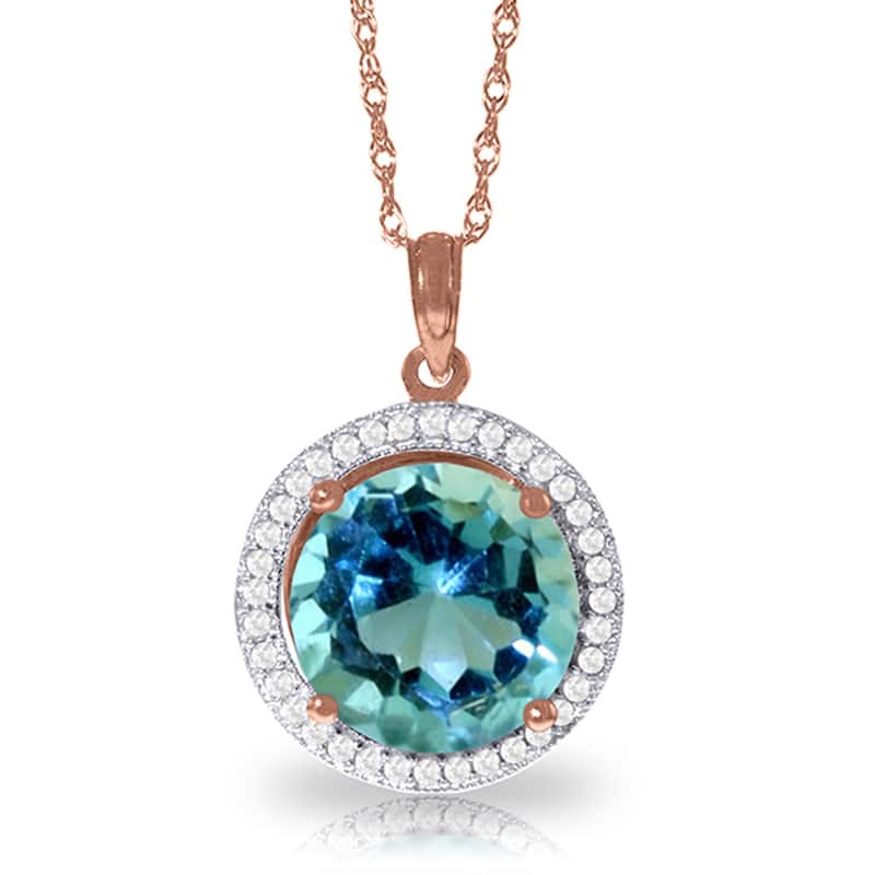 8 Carat 14K Solid Gold Natural Diamond Blue Topaz Gemstone Necklace - 22 Inch - Rose