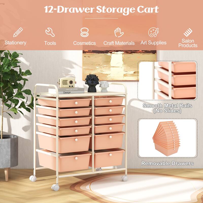 Gymax 12-Drawer Rolling Storage Cart w/ 2 Sizes Plastic Drawers Skin