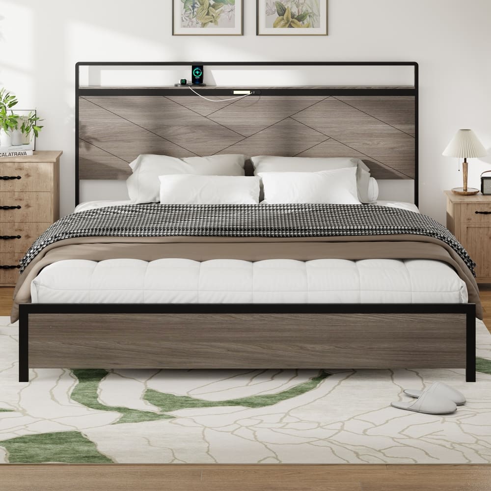 Heavy Duty Metal Platform Bed Frame, Wooden Headboard with Charging Station and LED Lights, Under Bed Storage