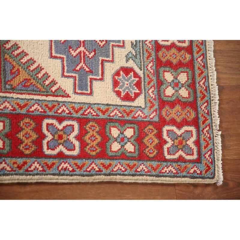 Ivory & Red Geometric Kazak Oriental Accent Rug Handmade Wool Carpet - 2'7" x 4'1"