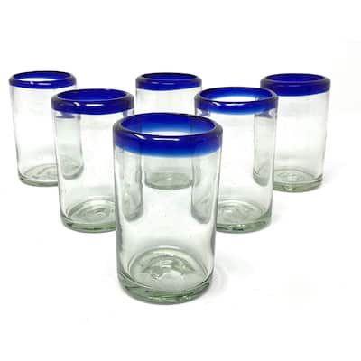 Dos Sueños Hand Blown Mexican Drinking Glasses - Set of 6 Juice Glasses with Cobalt Blue Rims (8 oz each)