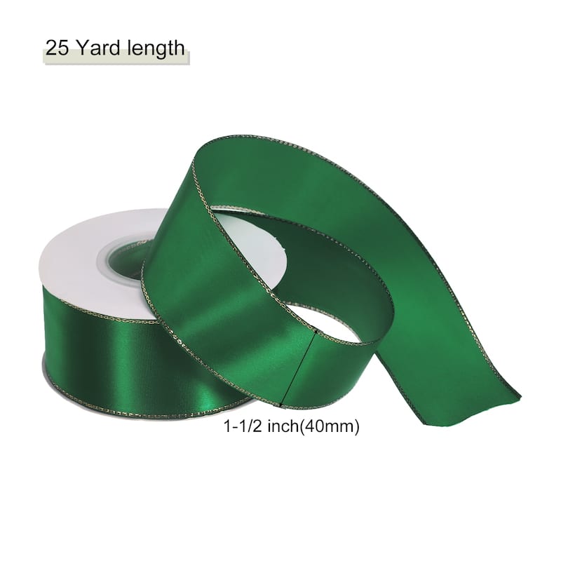Satin Ribbon with Gold Edges Border Grosgrain Fabric Ribbon for Decor - Light Green - 1 1/2 Inch x 25 Yard
