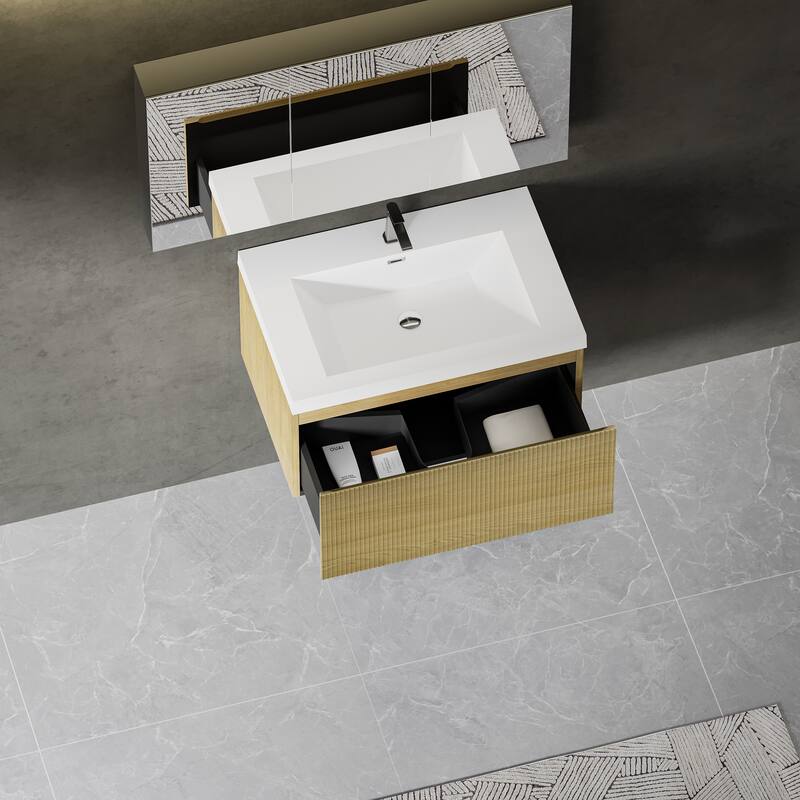 30'' Floating Bathroom Vanity with Sink Combo, Modern Wall-Mounted Striped Bathroom Storage Cabinet with Soft-Close Drawer