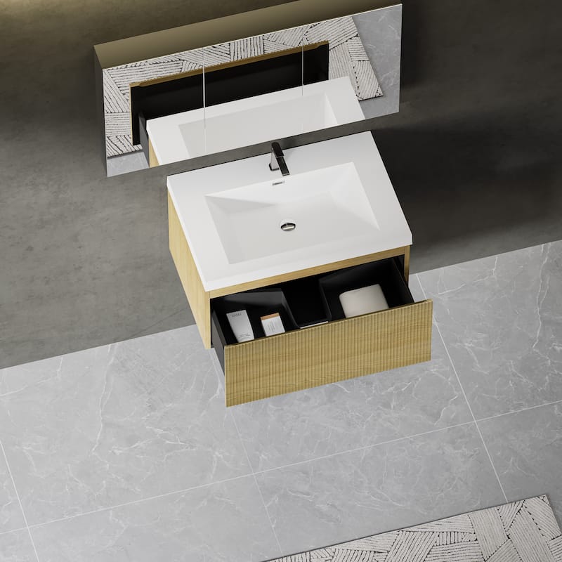 GDFStudio - Hudson 30-Inch Floating Bathroom Vanity with Solid Surface Basin and Fluted Storage Drawer