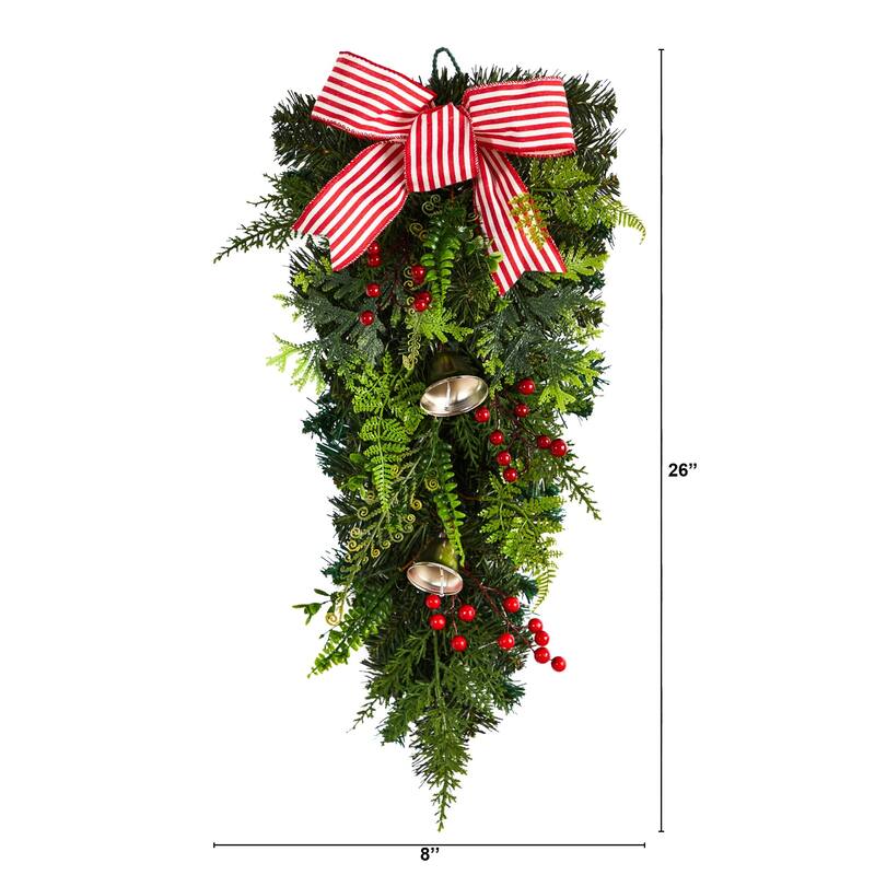 26" Bells and Bow Artificial Christmas Teardrop Swag, Unlit