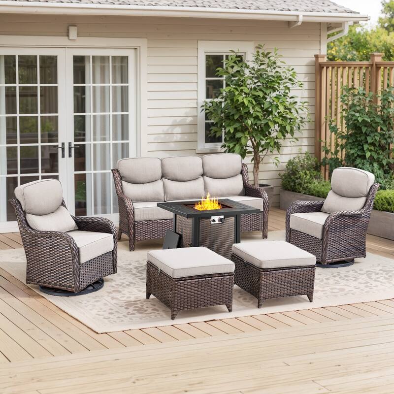 Pocassy 30 Inch Fire Pit Table with Sofa Swivel Chair Set - Beige Cushion Brown Wicker - 6-Piece Sofa Siwvel Chair Ottoman w/ Fire Table