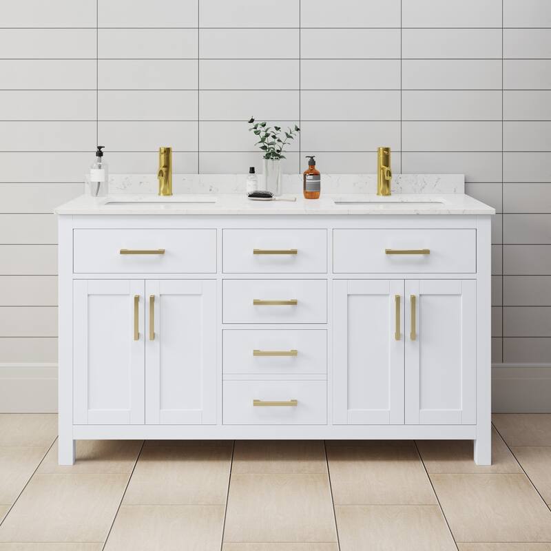 Wyndham Collection Beckett 60" Free Standing Double Basin Vanity Set - White / Carrara Cultured Marble Top / Brushed Gold