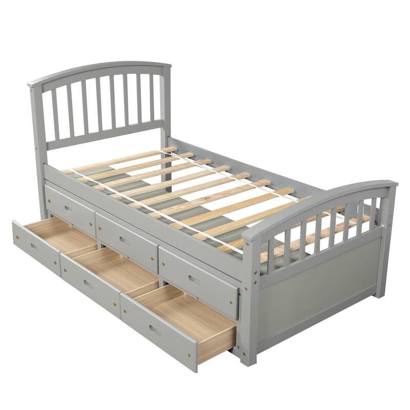 High-Quality Twin Platform Storage Bed with 6 Drawers, Pinewood Construction, Kids and Adults Use