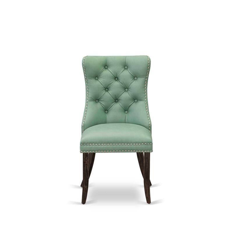 Parsons Dining Chairs Set of 2 - Tufted Faux Leather Accent Chairs - Green Nailhead Trim - Distressed Wood Legs