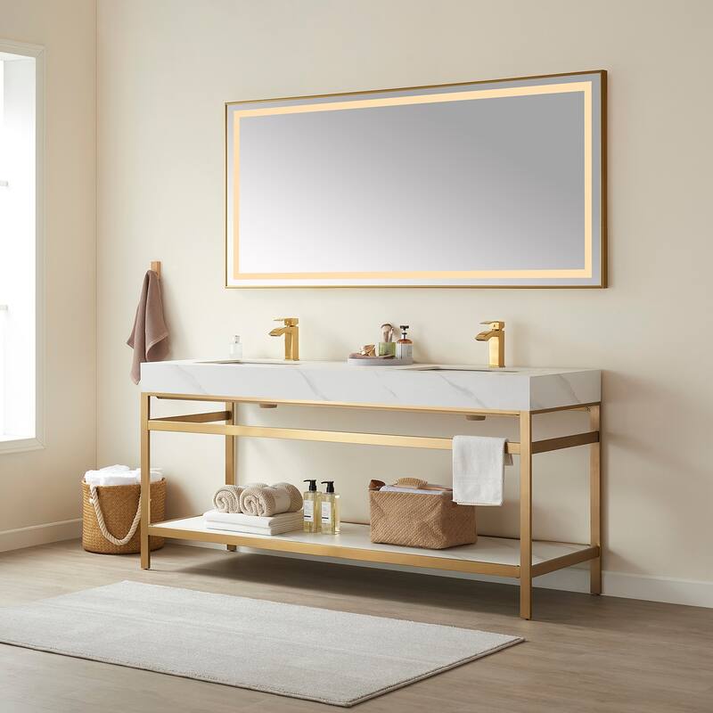 Funes 72" Double Vanity, Metal Support with Stone Top and Mirror - 72''x22''