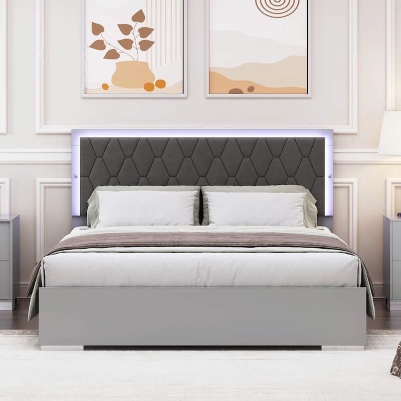 Queen Size Upholstered Bed with LED Lights, Modern Velvet Platform Bed - Grey
