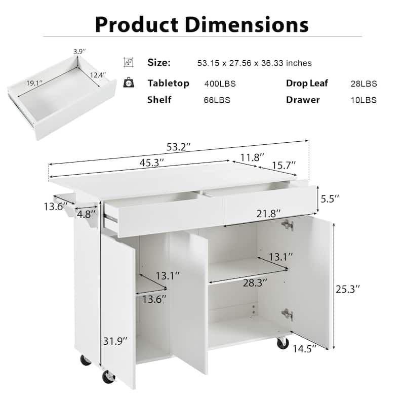 53.2in Rolling Kitchen Island with Drop Leaf with Spice Rack 2 Drawers