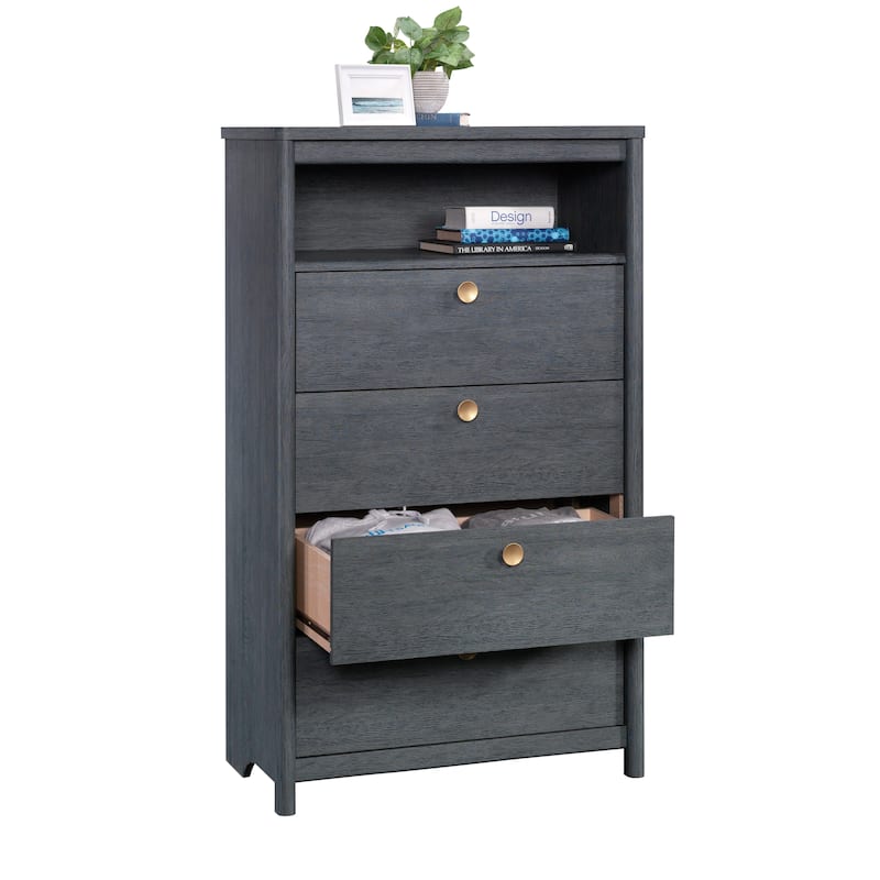 Wood Modern Chest with 4-Drawer and Open Shelf, Blue