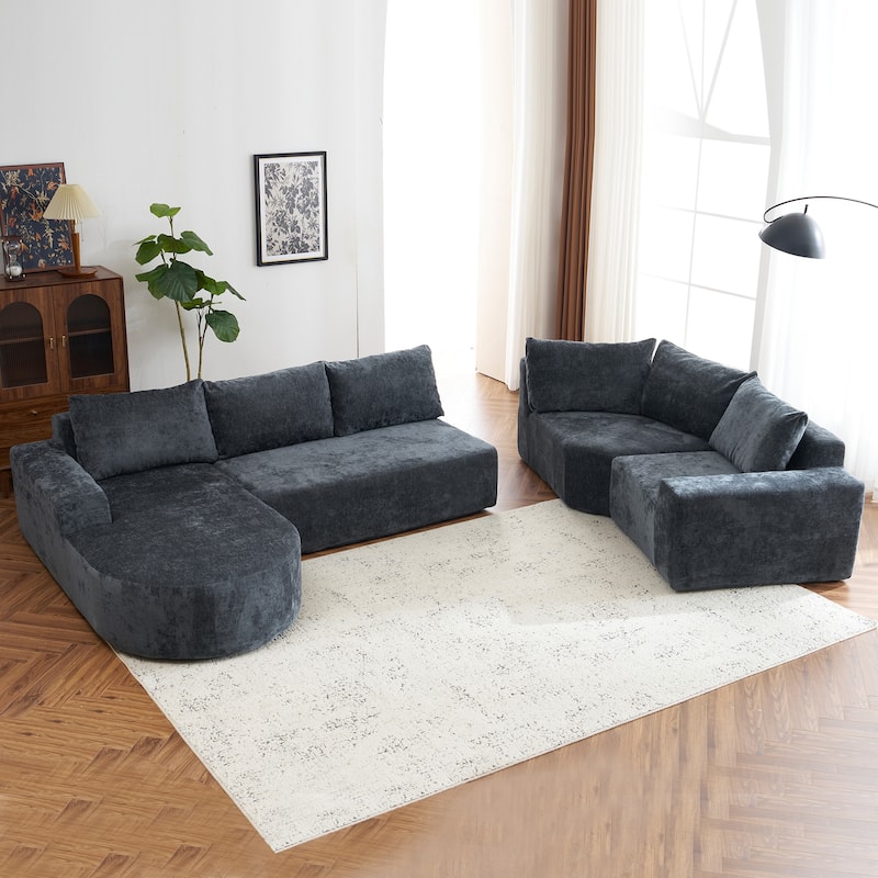 Chenille U-shaped Sofa, Cloud Sectional Sofa Set Upholstered Deep Seat Couches with 6 Pillow Recliner Sofa for Living Room