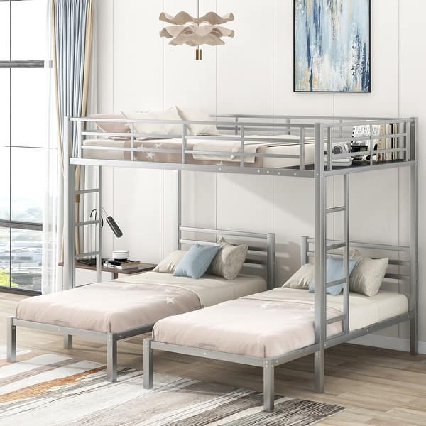 slide 2 of 13, Full Over Twin & Twin Bunk Bed with Guardrail, MDF Shelf, Space-Saving Design, Silver