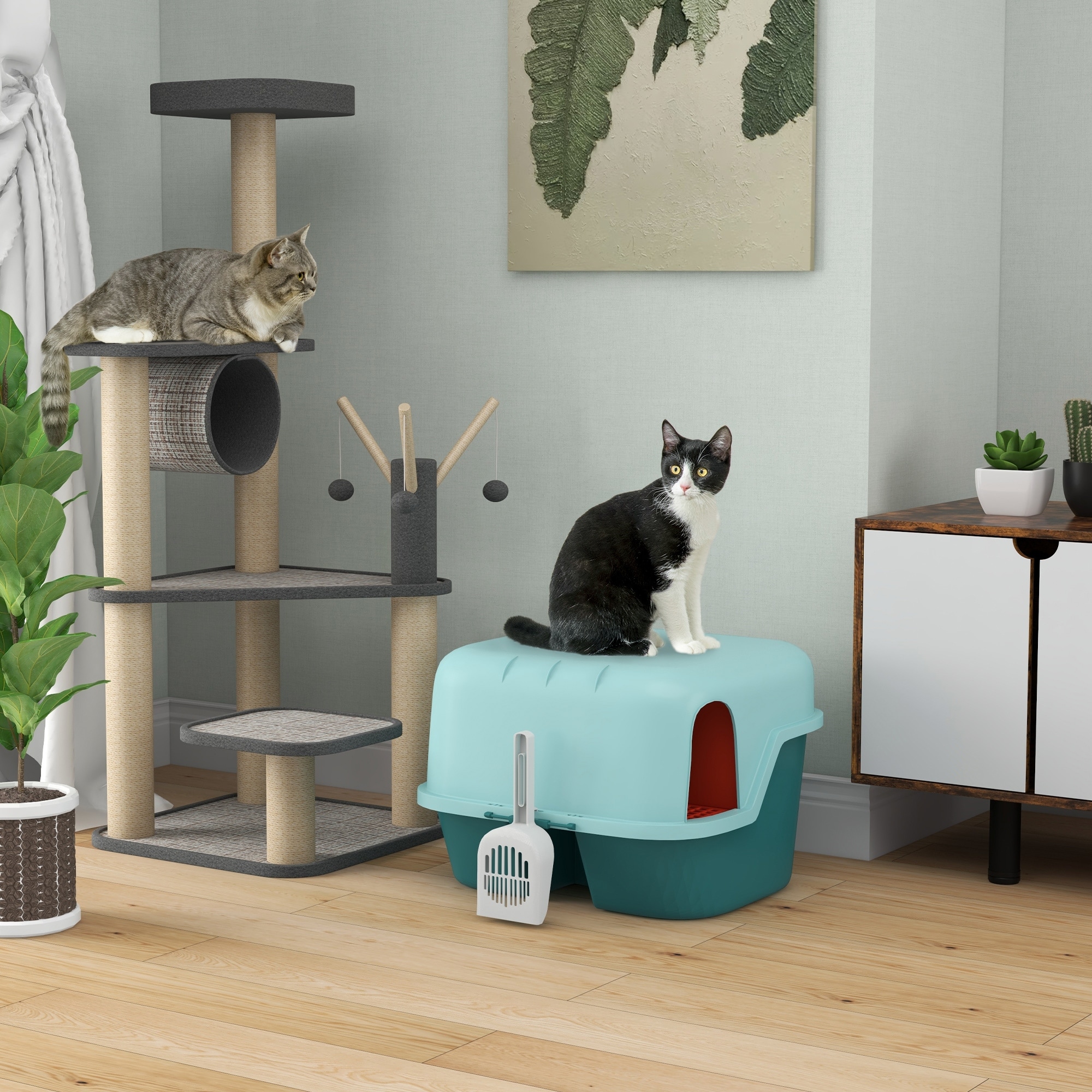 PawHut Cat Litter Box with Scoop, Easy to Clean & Openable Cover, Green