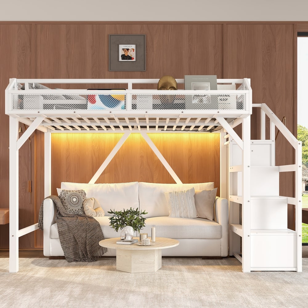 Twin XL/Twin Metal Loft Bed with Storage Stairs, Wardrobe, USB Ports & LED Lights