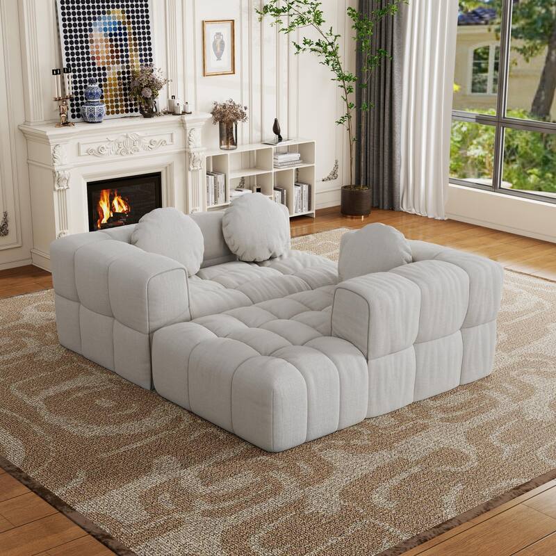 Modern Upholstered 103" L-shaped Combination Sofa Set with 3 Pillows, Off White, Foam+Spring