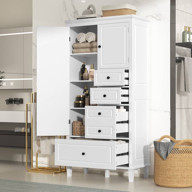 Tall and Wide Storage Cabinet with Doors, Four Drawers of Different Sizes, Adjustable Shelves