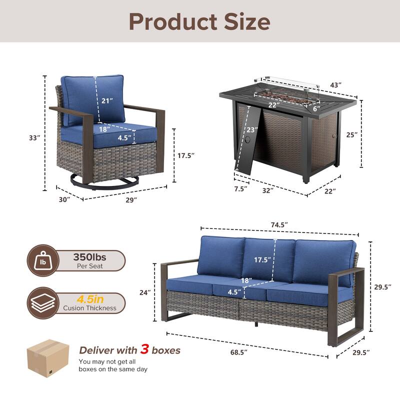 Meyreso Wicker Outdoor Patio Metal Fire Pit Set with Swivel Gliders & 4.5" Olefin Cushions