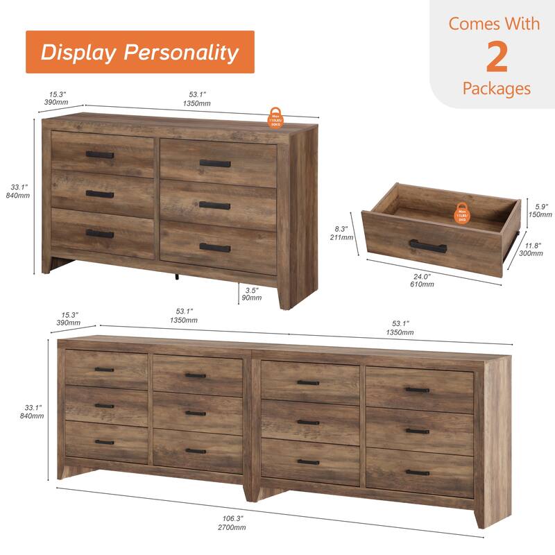 WAMPAT 6-Drawer Farmhouse Dresser - Wood TV Stand, Storage Chest for Bedroom & Hallway