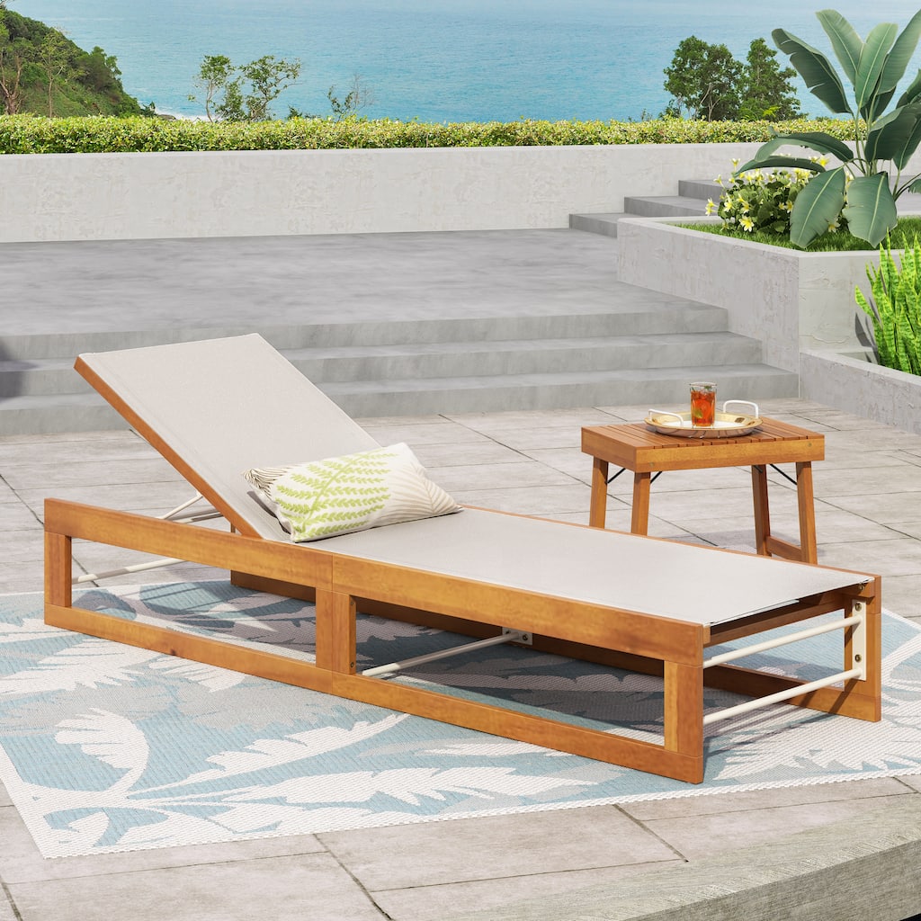 Roomfitters Outdoor Adjustable Chaise Lounge Chair, Poolside Relaxation Lounger with Acacia Frame