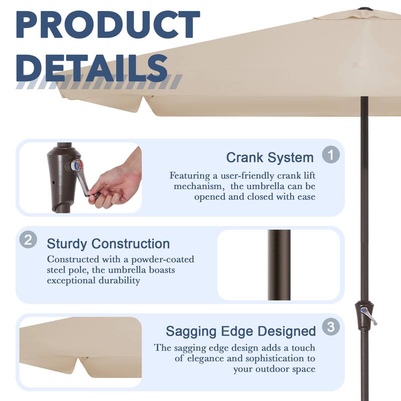 8*10ft Rectangular Patio Market Umbrella with Sagging Edge，UV Risistance,Crank & Tilt