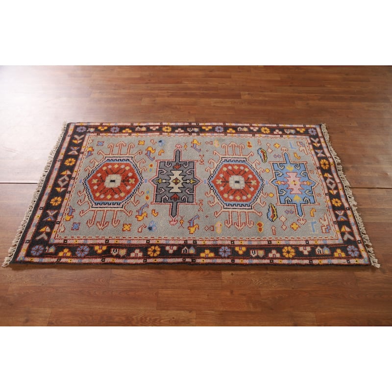 Geometric Grey Kazak Foyer Rug Hand-Knotted Wool Carpet - 3'0"x 5'0"