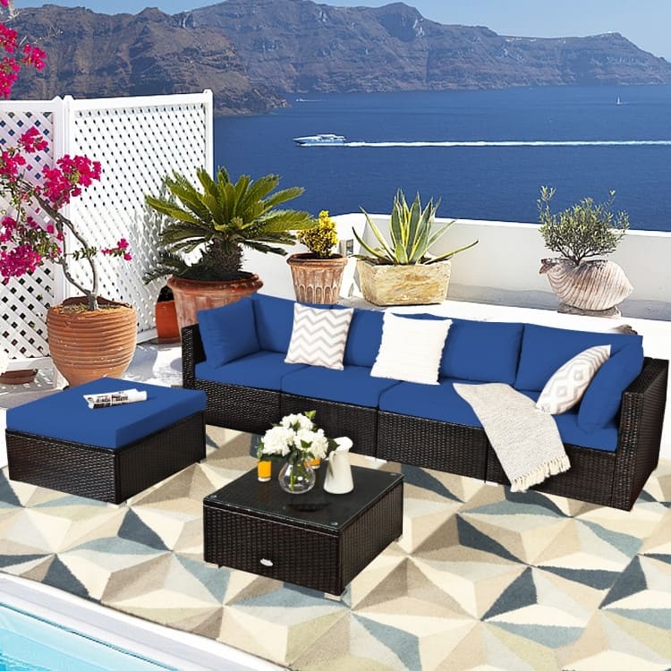 6 Pieces Outdoor Patio Rattan Furniture Set Sofa Ottoman with Coffee Table - 30'' x 30'' x 26''(L x W x H)